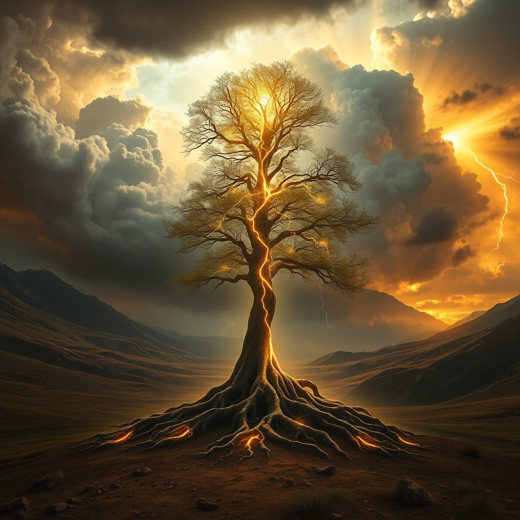 Ethereal Glowing Tree in Valley with Stormy Sky