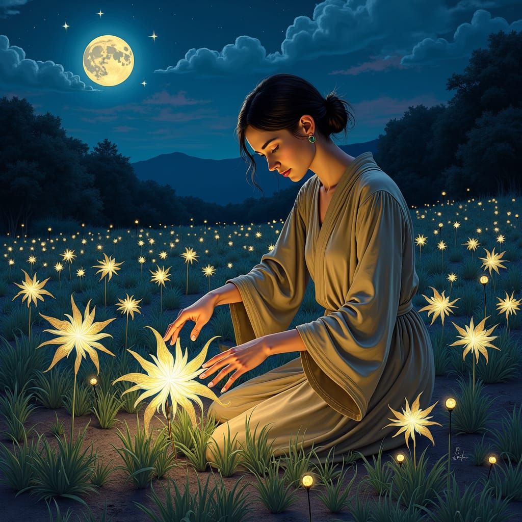 Gardener Cultivating Luminous Stars in Neo-Primitivism Style
