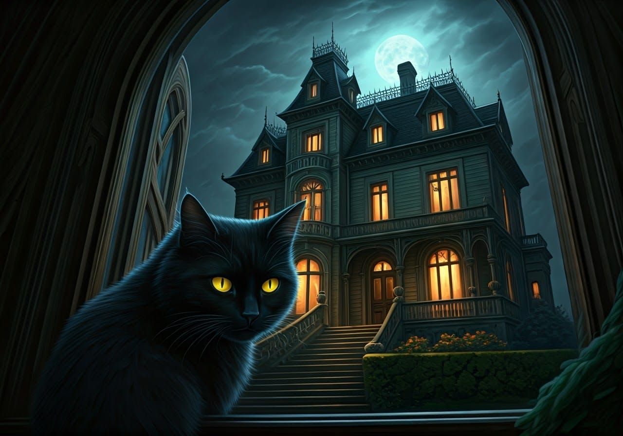 Victorian Mansion with Black Cat in Gothic Style