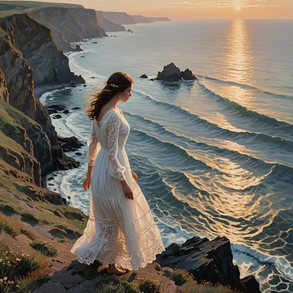 Woman at Sunset Cliff in Soft Impressionism