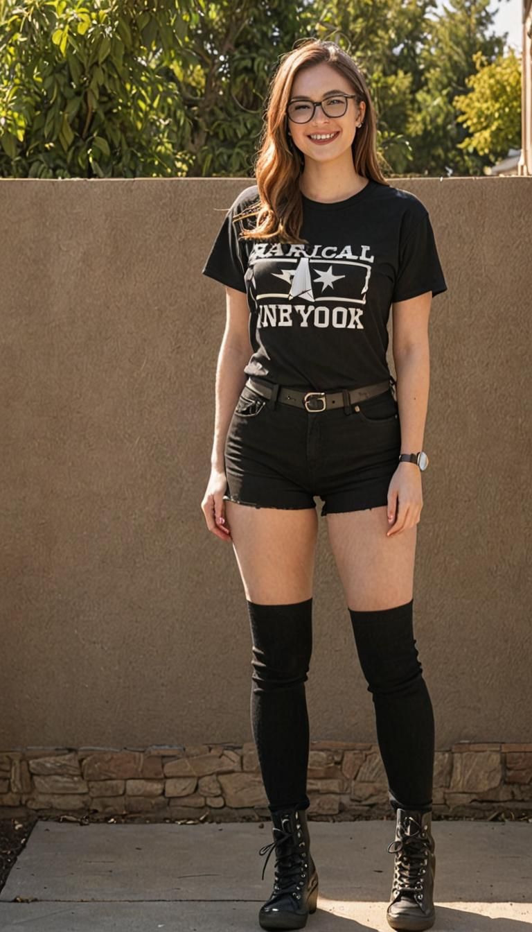 American Woman in Socks and Boots in Suburb