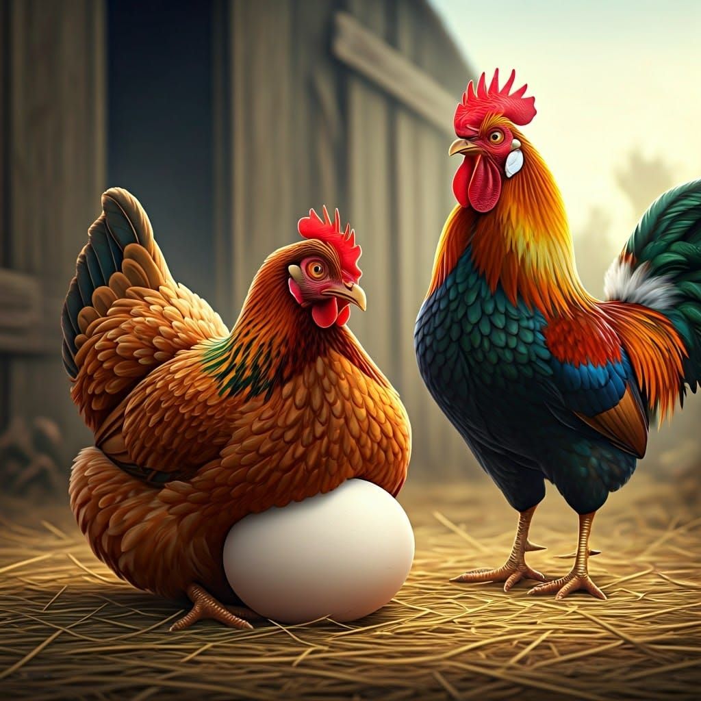 Hen Hiding Giant Egg From Rooster: Photorealistic