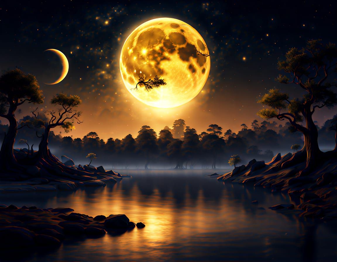 Golden Moon in Twilight Sky Digital Matte Painting