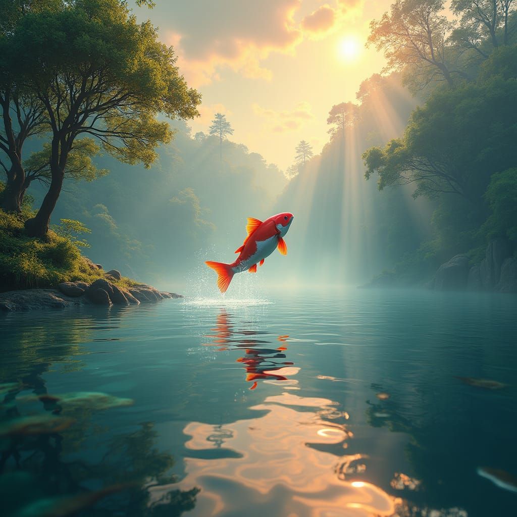 Majestic Fish Leaping from Tranquil Lake: Dreamlike Landscap...