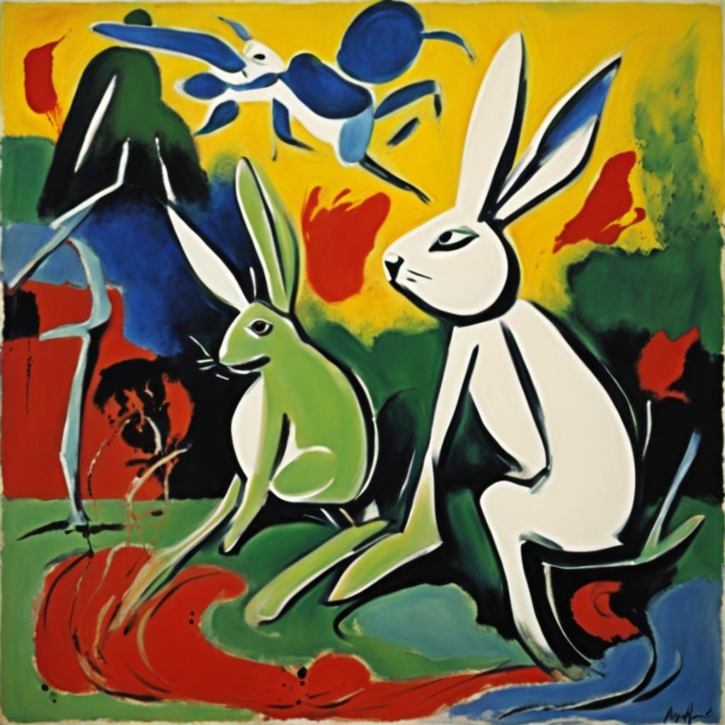 Rabbit Pirouettes in Puddle with Frog, Modern Art Style