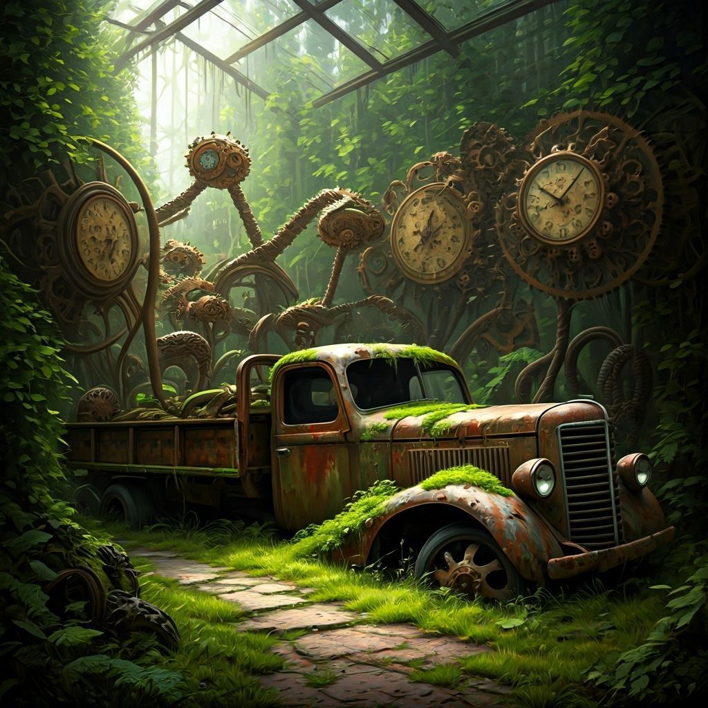 Abandoned Clockwork Garden with Rusted Truck