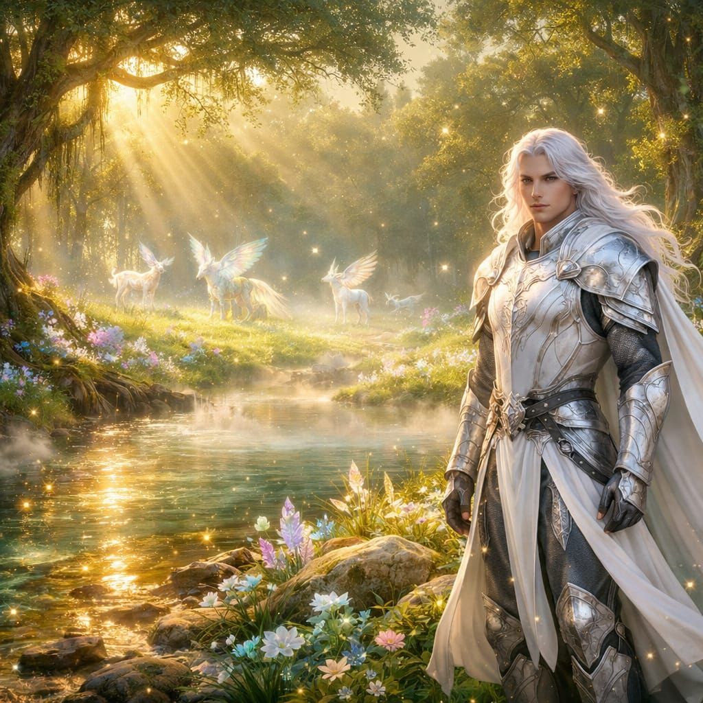 Enchanted Meadow with Warrior and Mythical Creatures