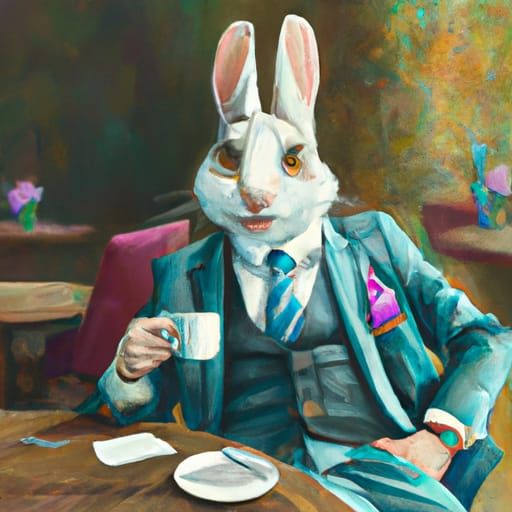 Rabbit Sipping Espresso: Hyperdetailed Oil Painting