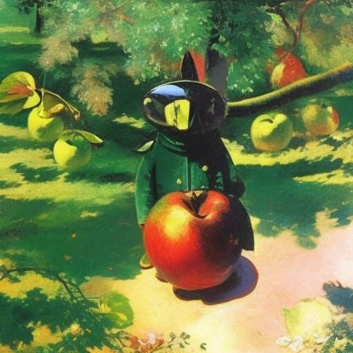 Fox and Pig Under Apple Tree in Miniature Style