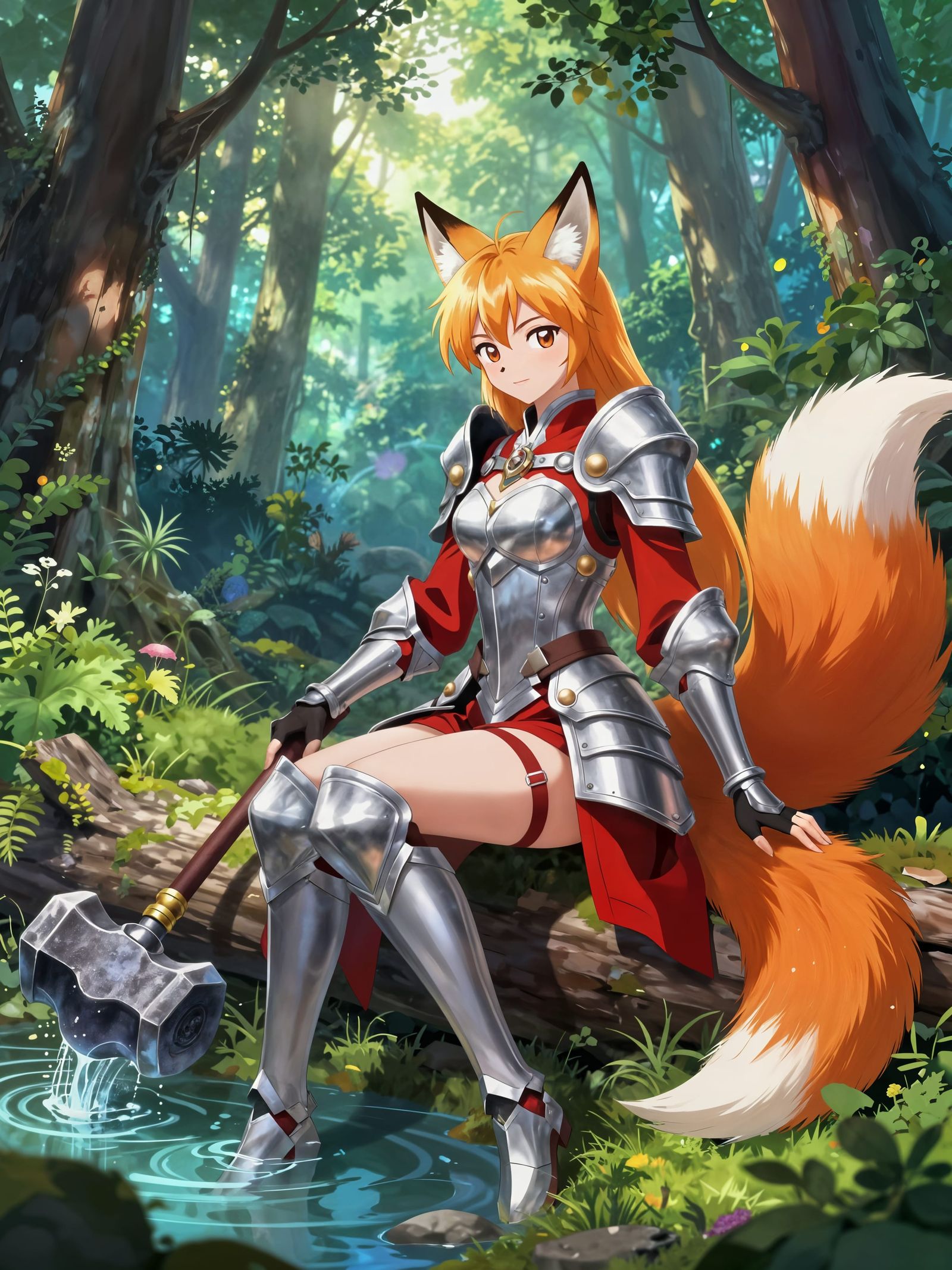 Kitsune Paladin in Magical Forest with Warhammer
