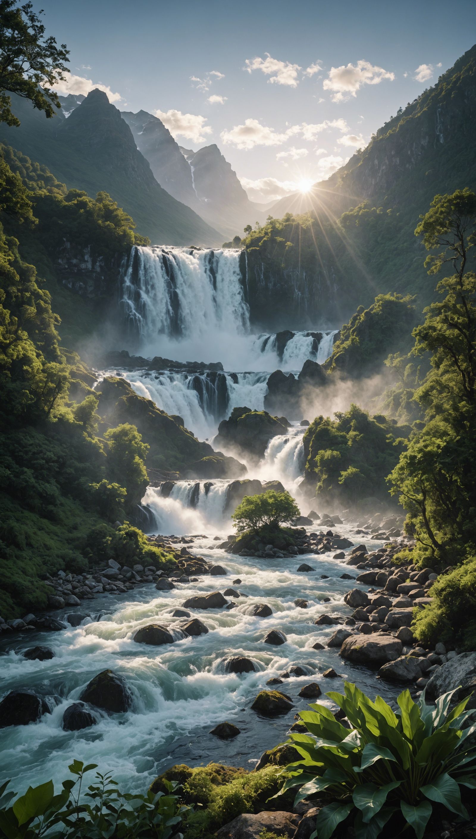 Majestic Waterfall Cascades in Verdant Wilderness