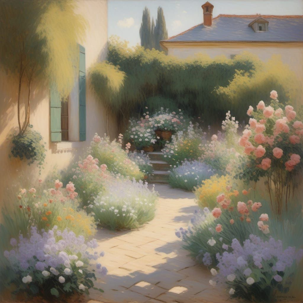 Impressionist Garden Courtyard with Soft, Warm Light