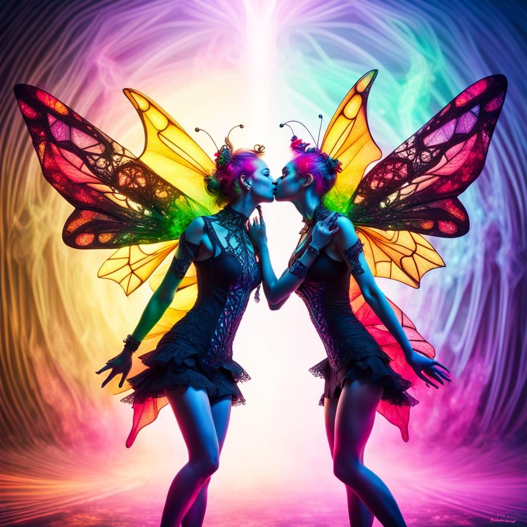 Cybergoth Fractal Fairies Kissing with Butterfly Wings