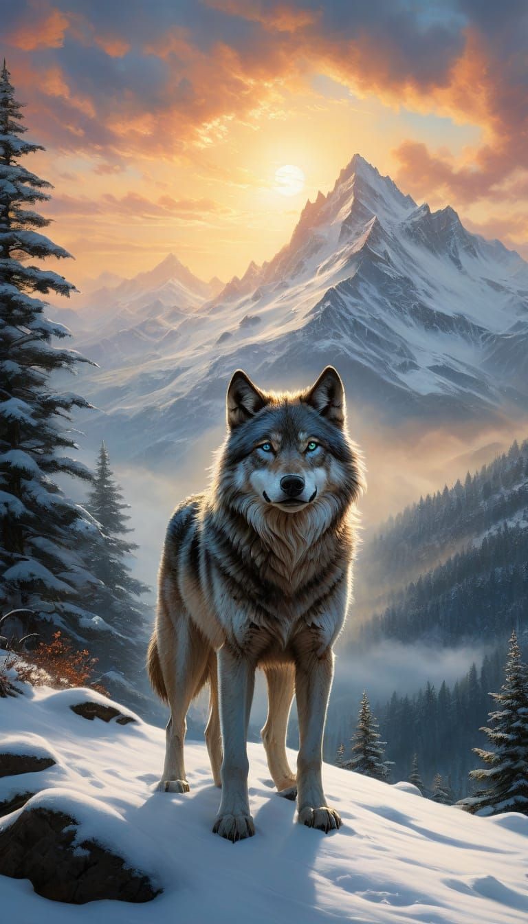 Majestic Wolf Stands Proud on Snowy Mountain Peak in Sunset ...