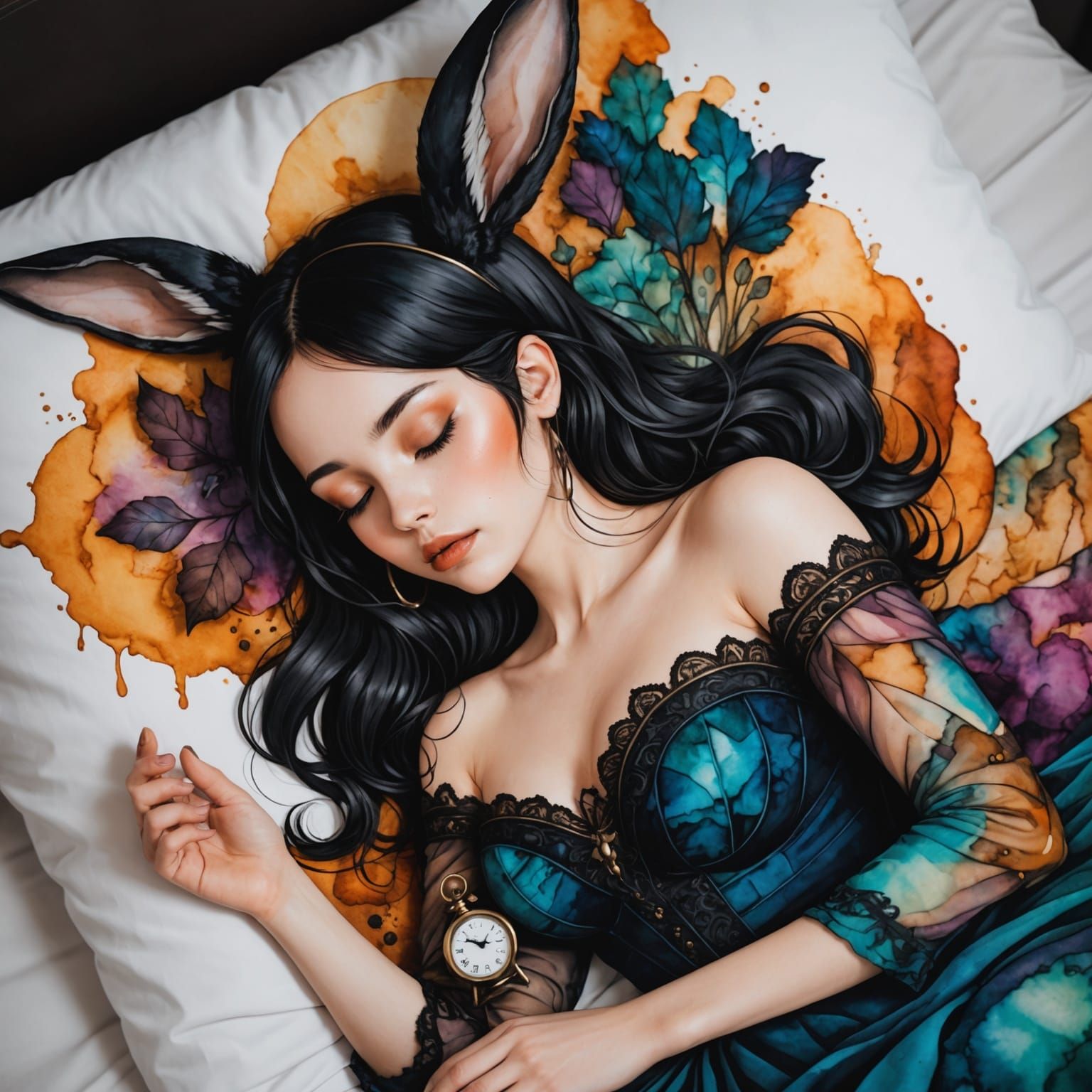 Woman with Rabbit Ears Sleeping, Alcohol Ink Art