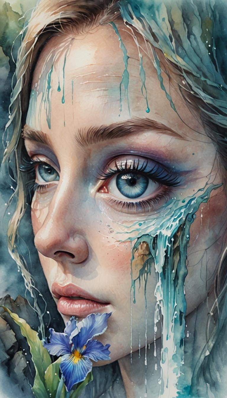 Watercolor Crying Eye Overlooking Waterfall