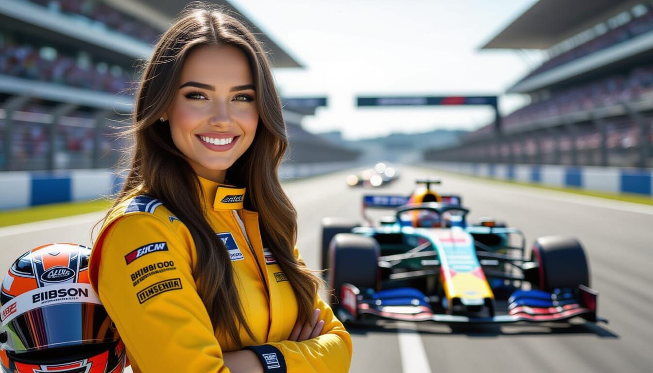 Hyper-Realistic Formula Racer Woman in Yellow Uniform