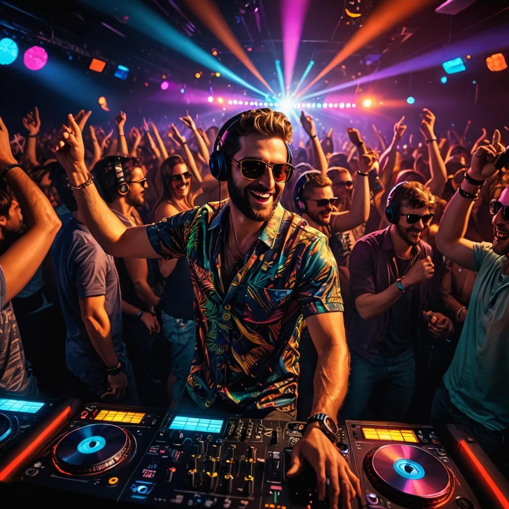 DJ in Crowded Club with Cheering Audience