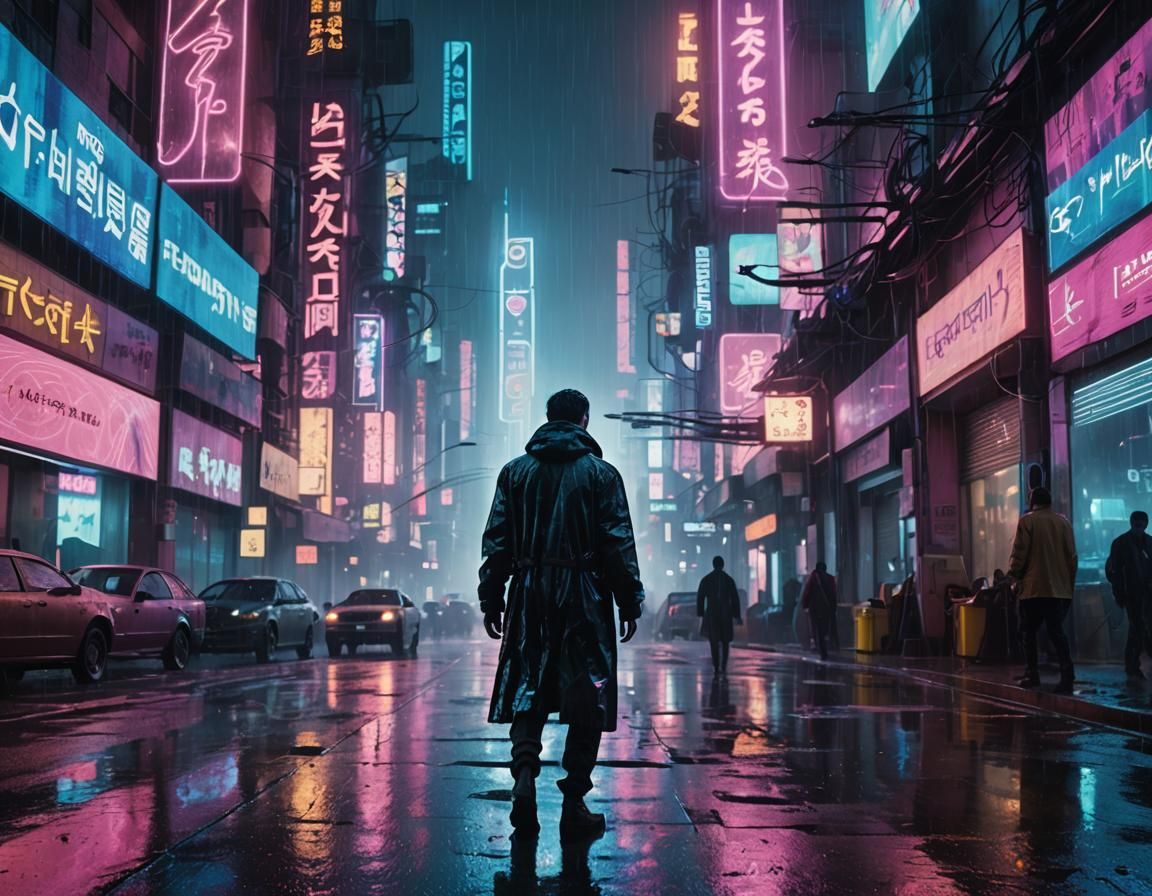 Cyberpunk Cityscape with Neon Lights and Rain
