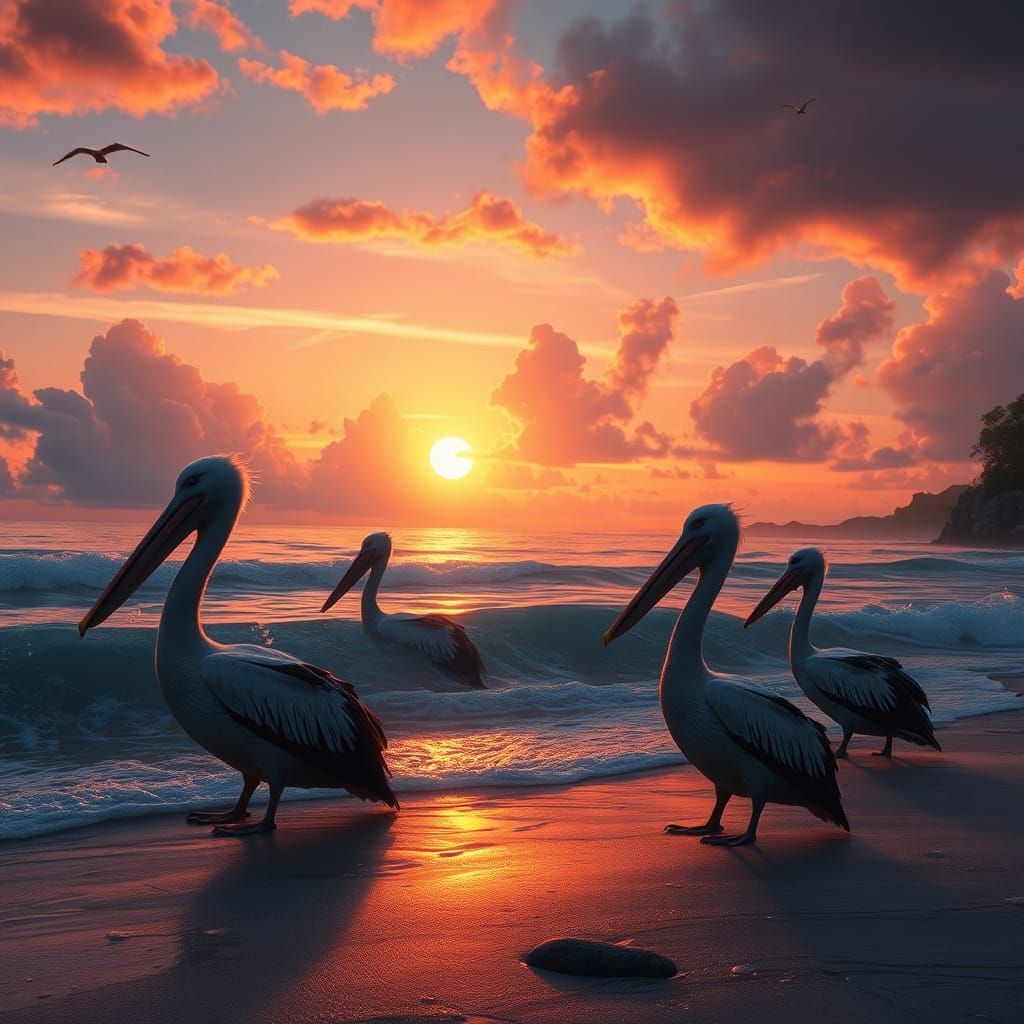 Pelicans at Sunset: Detailed Matte Painting