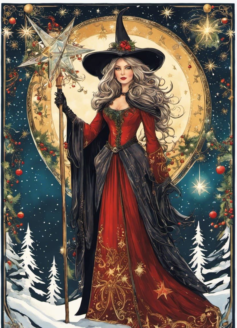 Festive Yuletide Witch in Snowy Woodland: Digital Masterpiec...