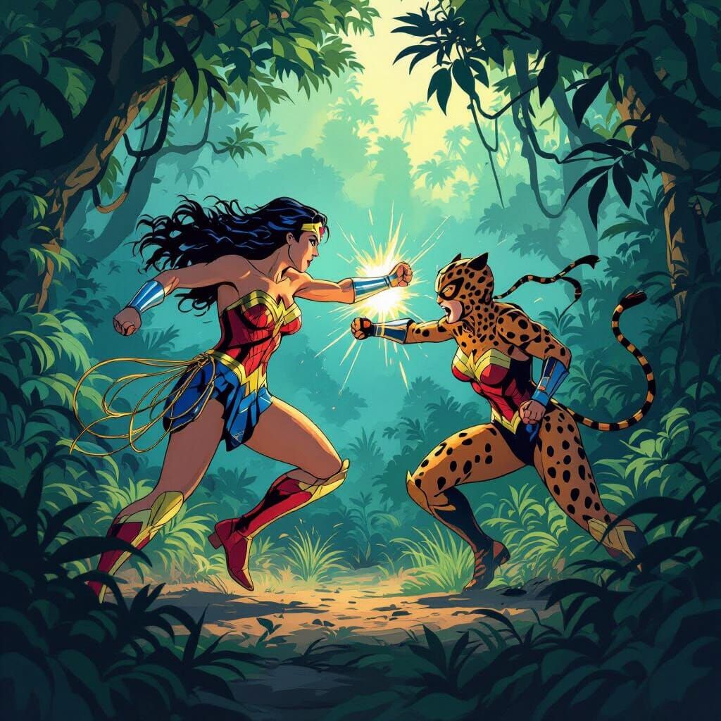 Wonder Woman Battles Cheetah in Jungle Twilight