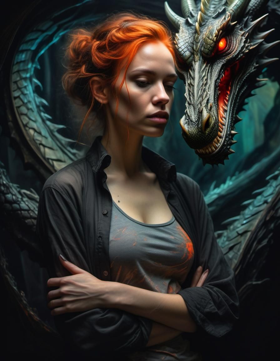 Woman Surrounded by Dragon in Dark Portal