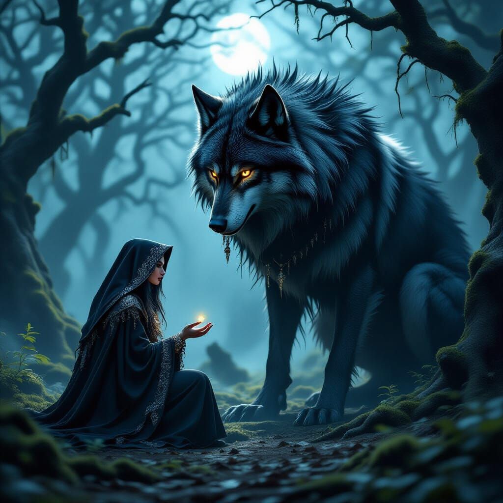 Witch and Shadow Wolf in Moonlit Misty Forest
