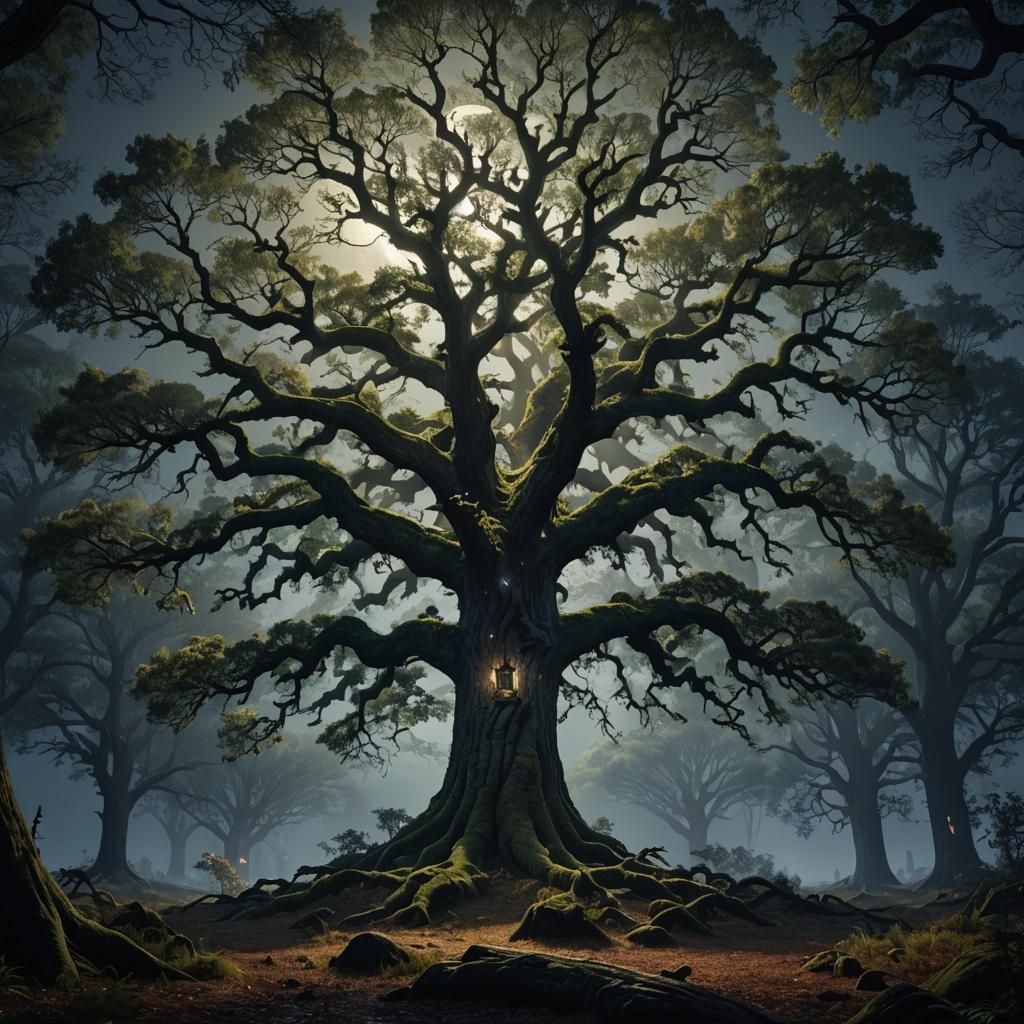 Moonlit Oak in Dark Forest: Matte Painting