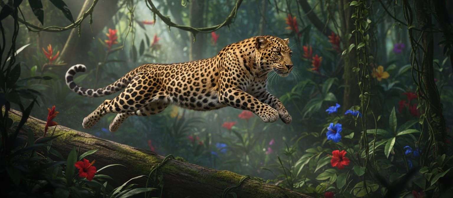 Hyperrealistic Leopard Leaping Through Jungle