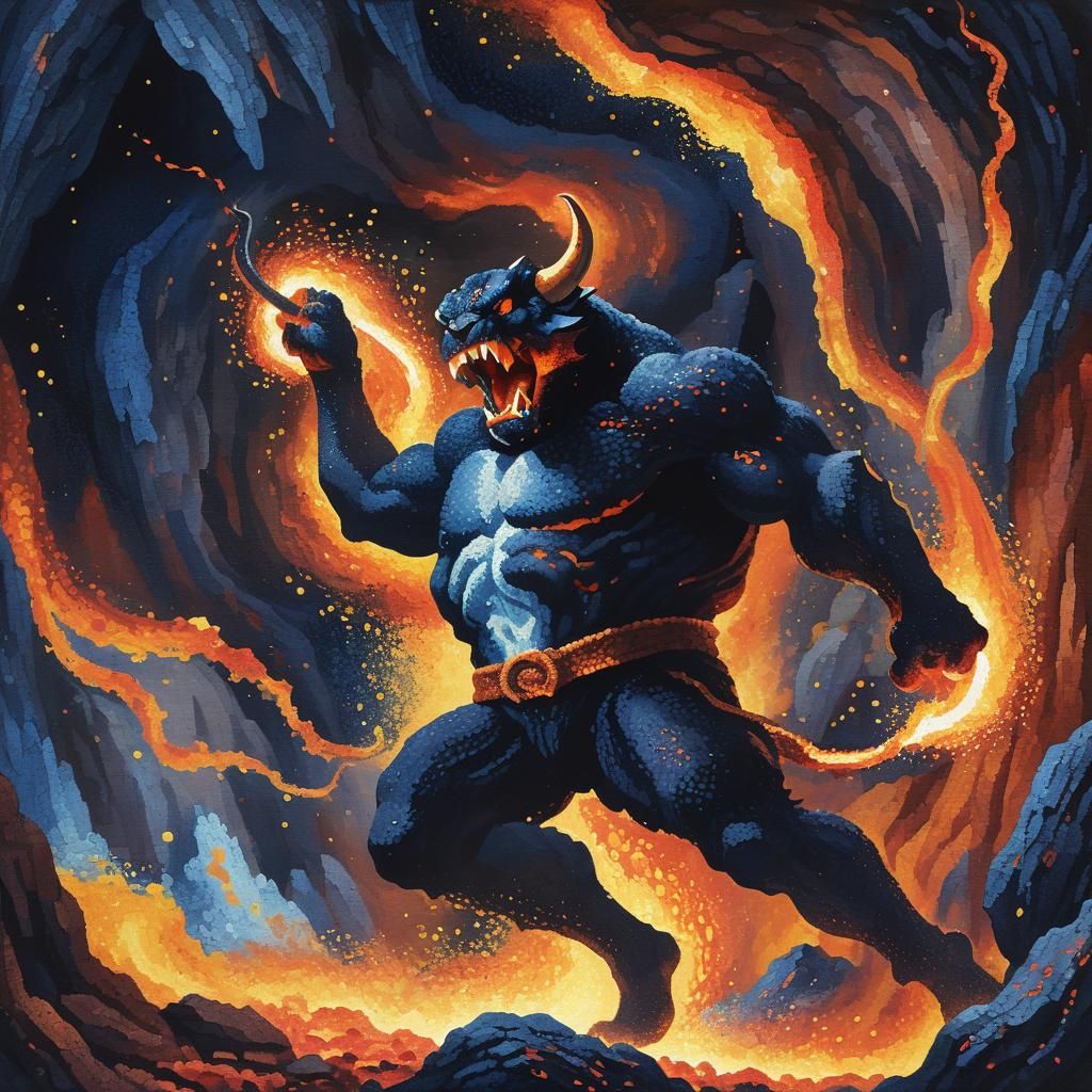 Balrog in Fiery Cave: Pointillist Painting