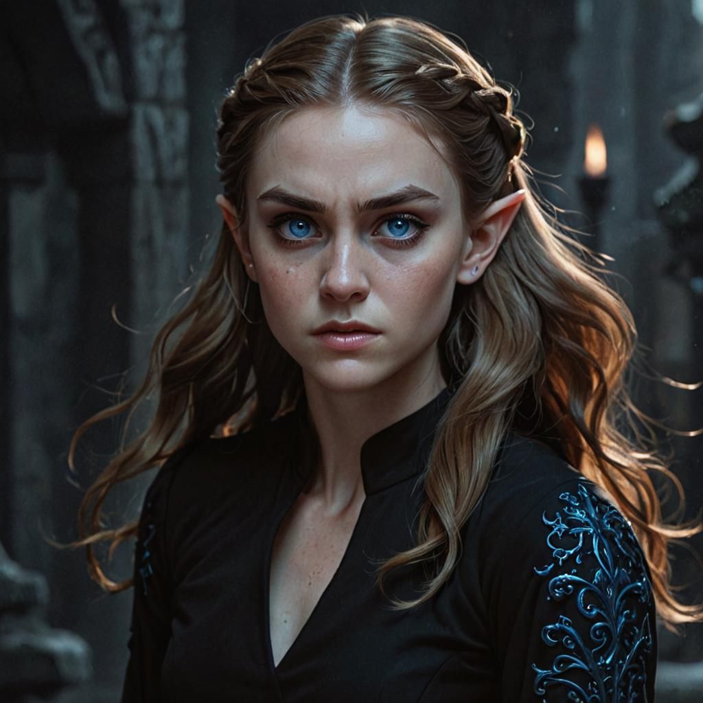 Detailed Portrait of an Angry Elf in Black Dress