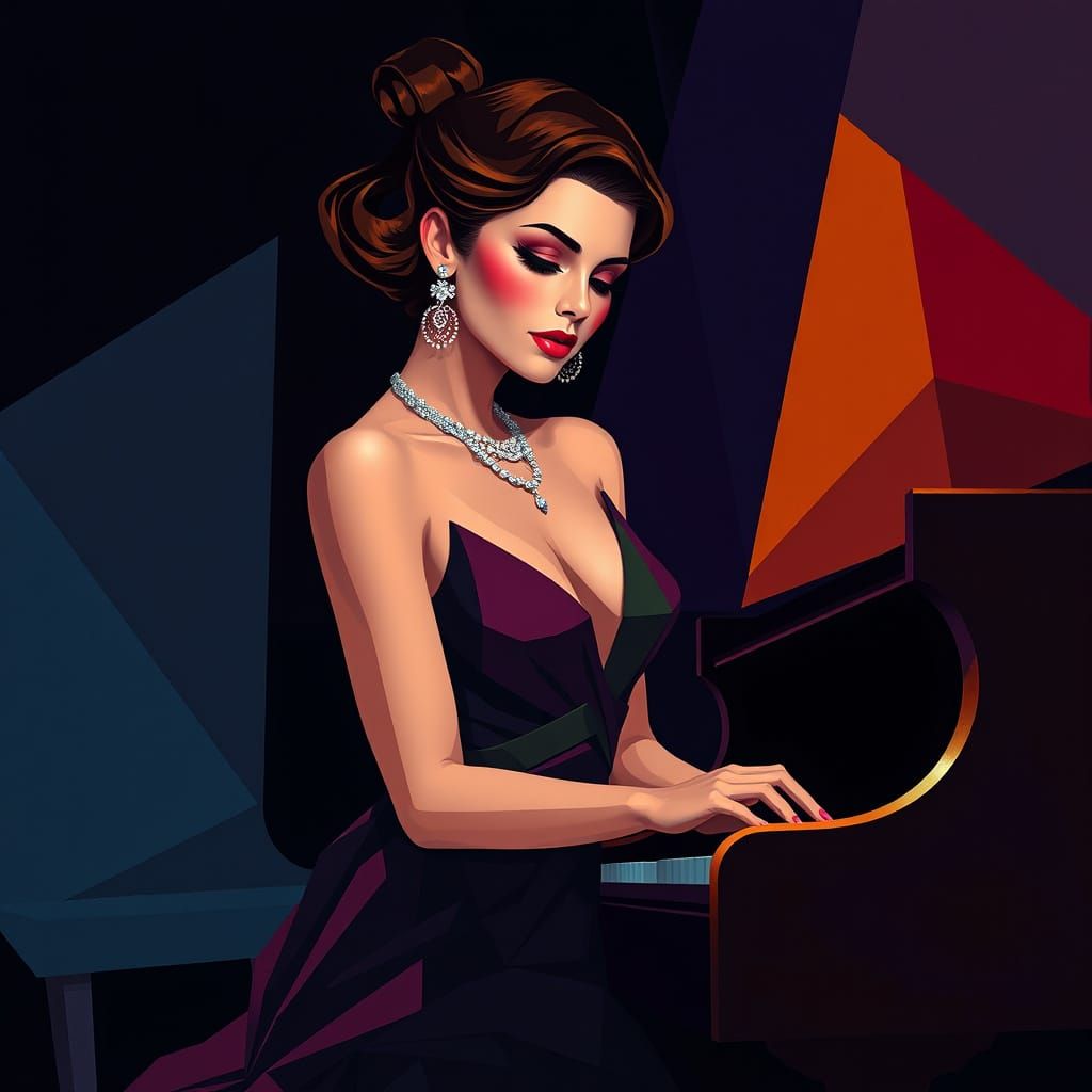 Woman Playing Piano in Neo-Cubist Geometric Style