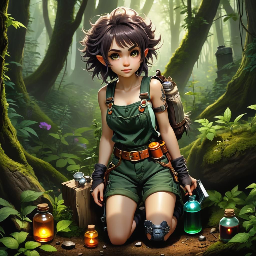 Halfling Apothecary Gathering Herbs in Mystical Forest