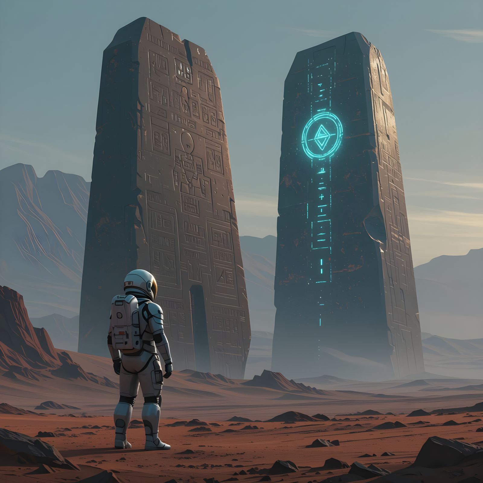 Astronaut and Ancient Monolith on Alien Planet