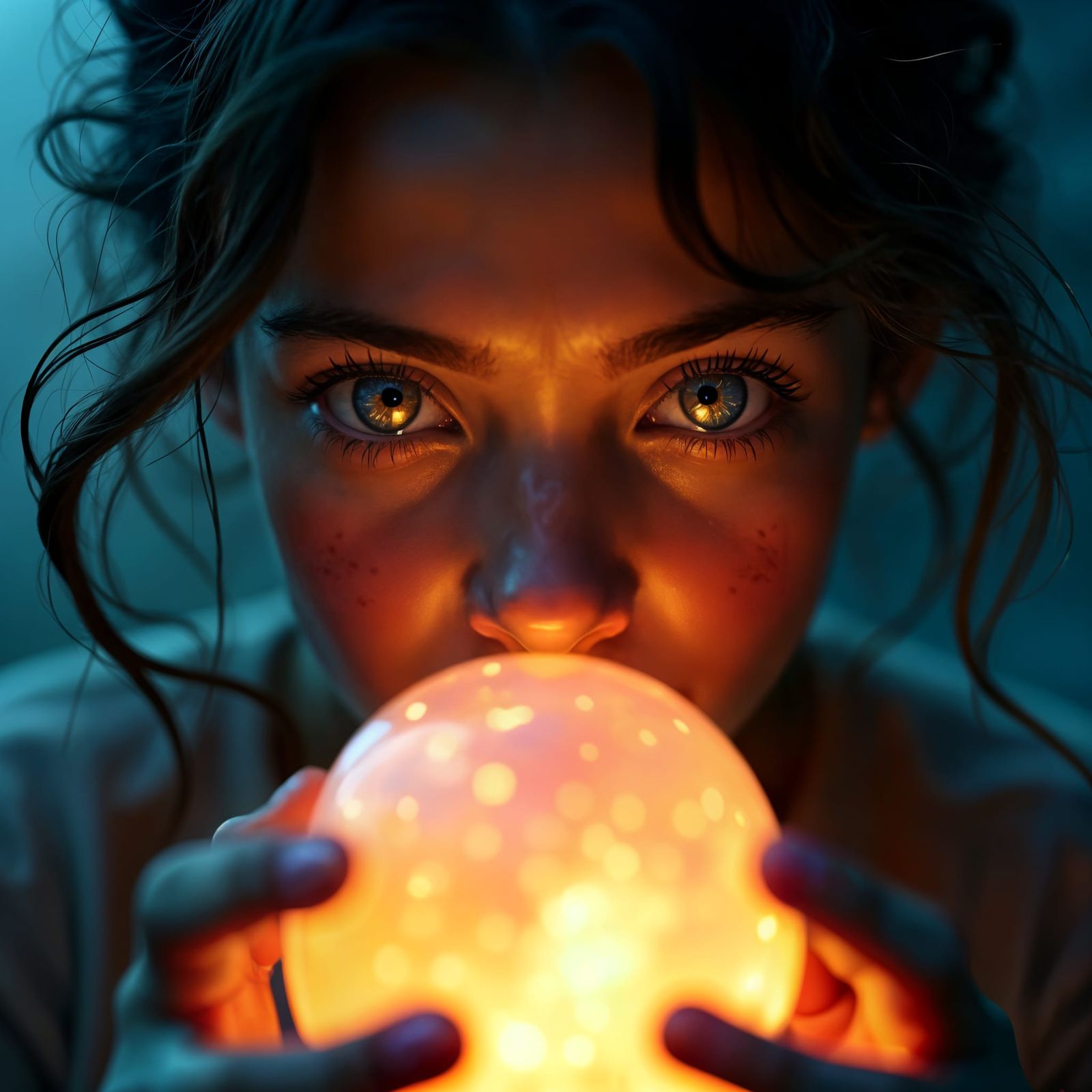 close-up of a person staring into a glowing alien crystal