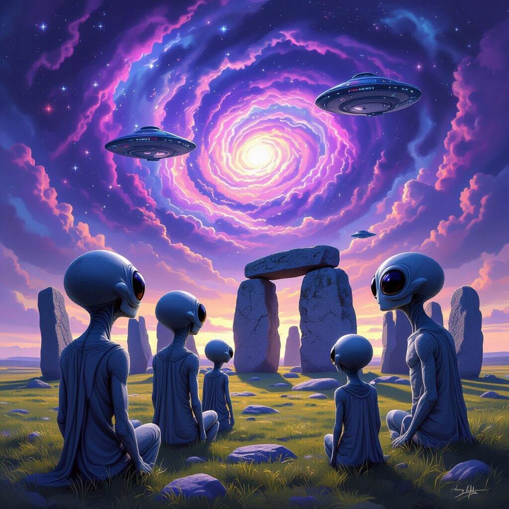 Curious Aliens Explore Stonehenge Under Nebula Sky