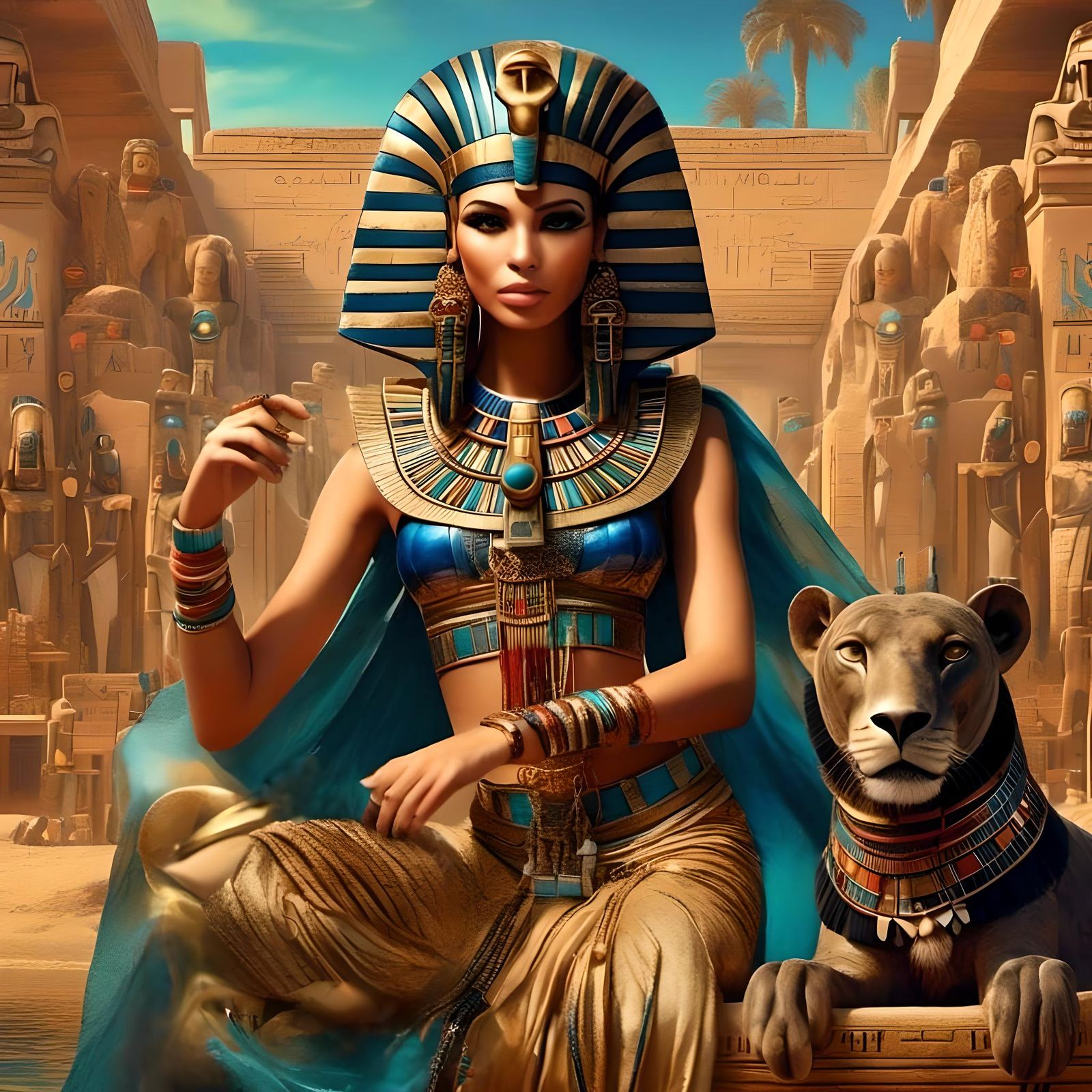 Cleopatra on Lounge Bed with Egyptian Symbols