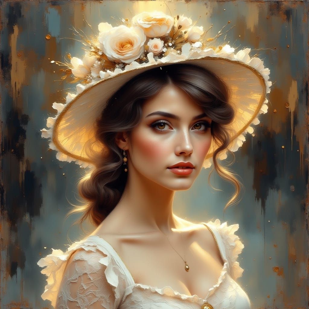 Elegant Lady in Lace Dress and Hat, Vintage Street Scene