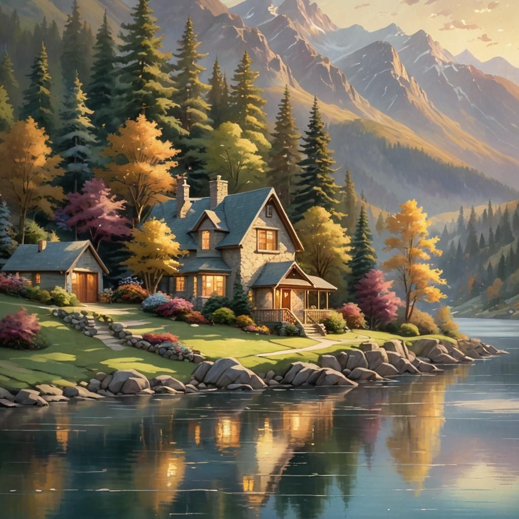 Mountainside Cottage in Golden Light, Luminism Style