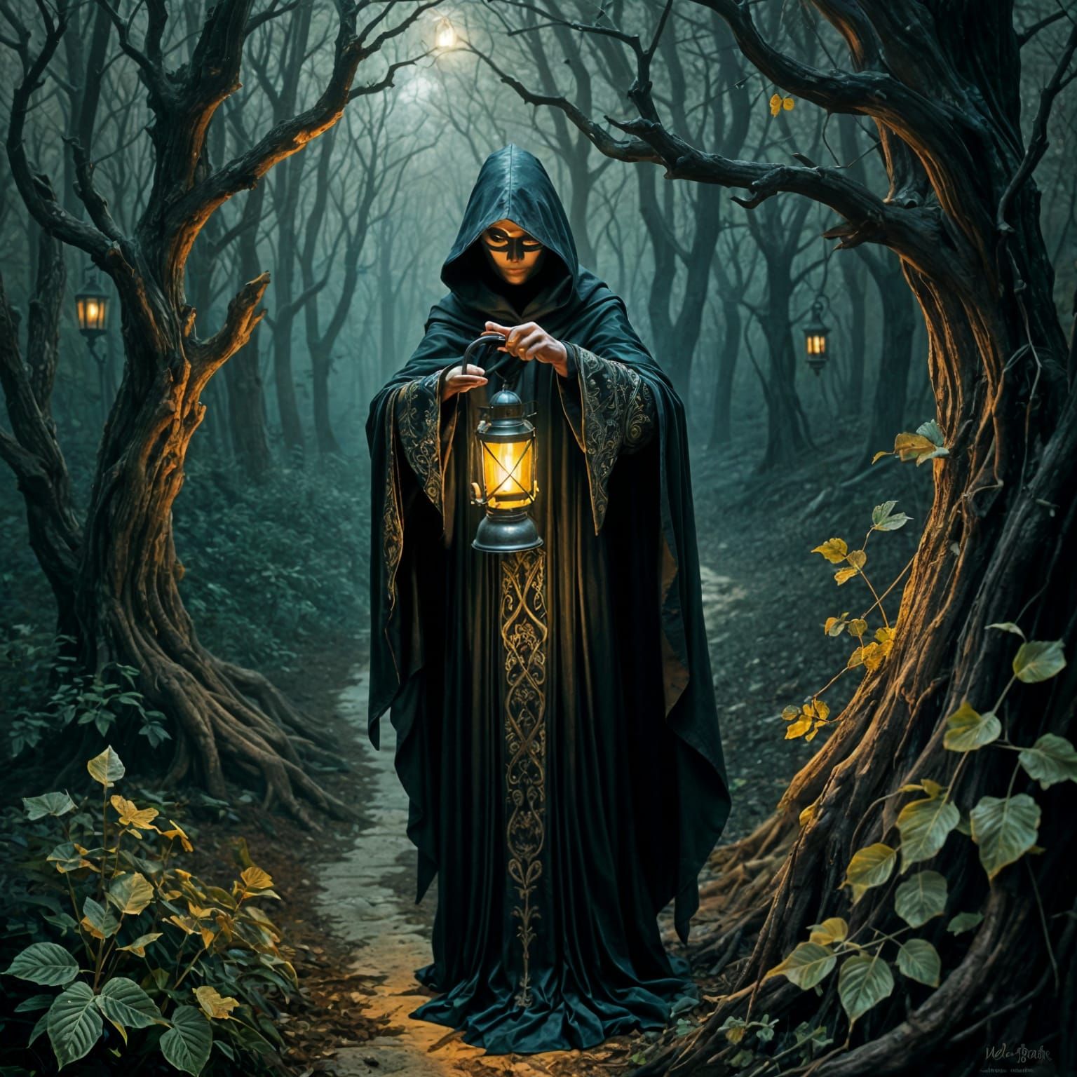 Masked Figure at Woods Edge with Lantern