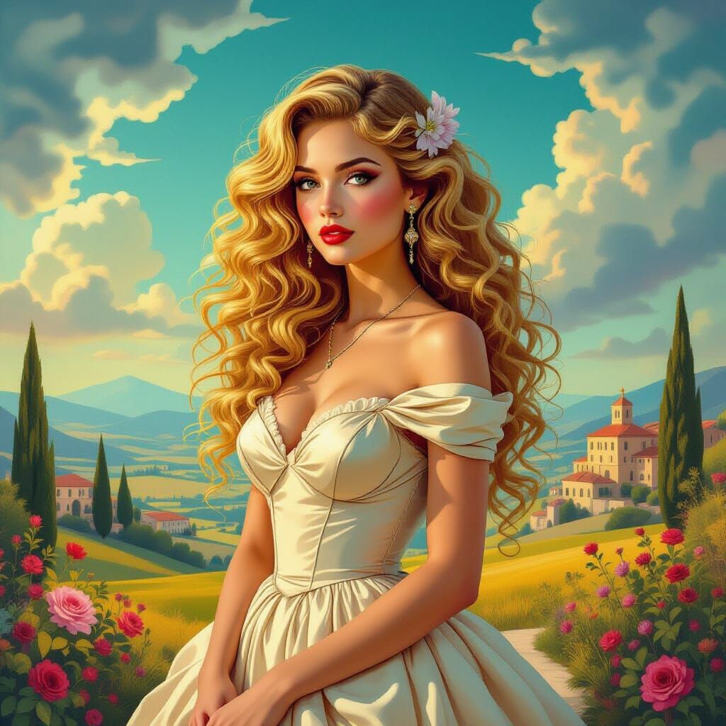 Surreal Woman with Blonde Ringlets in Vibrant Dreamscape