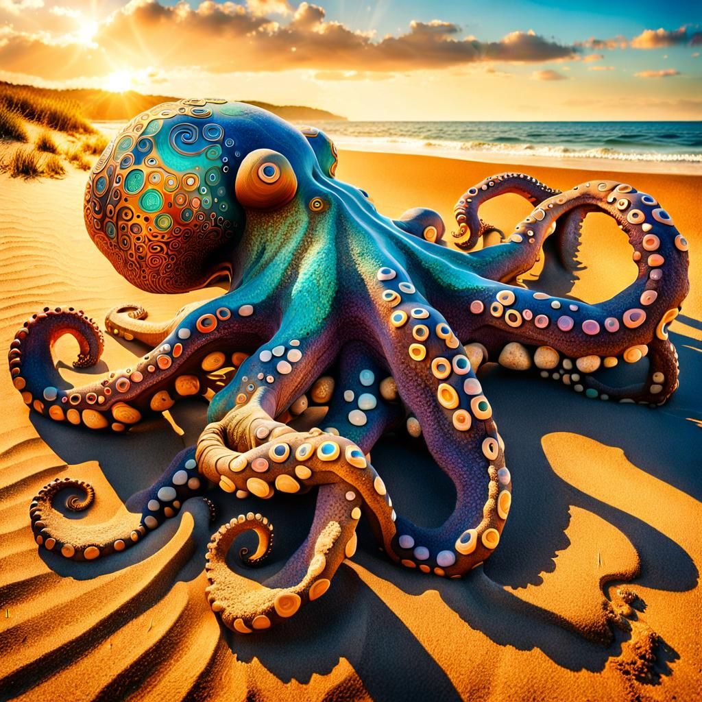 Majestic Sand Octopus Sculpture in Magical Realism Style