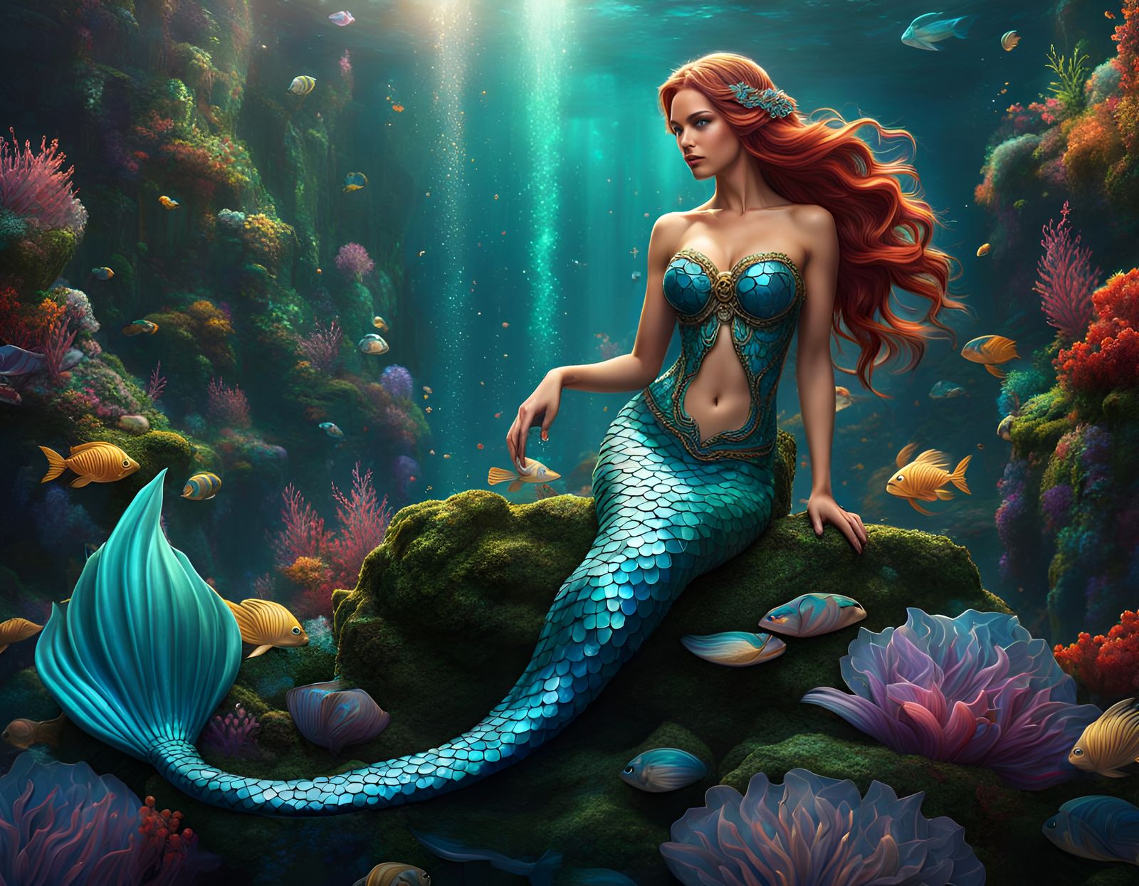 Mosaic Mermaid in Tropical Ocean Art