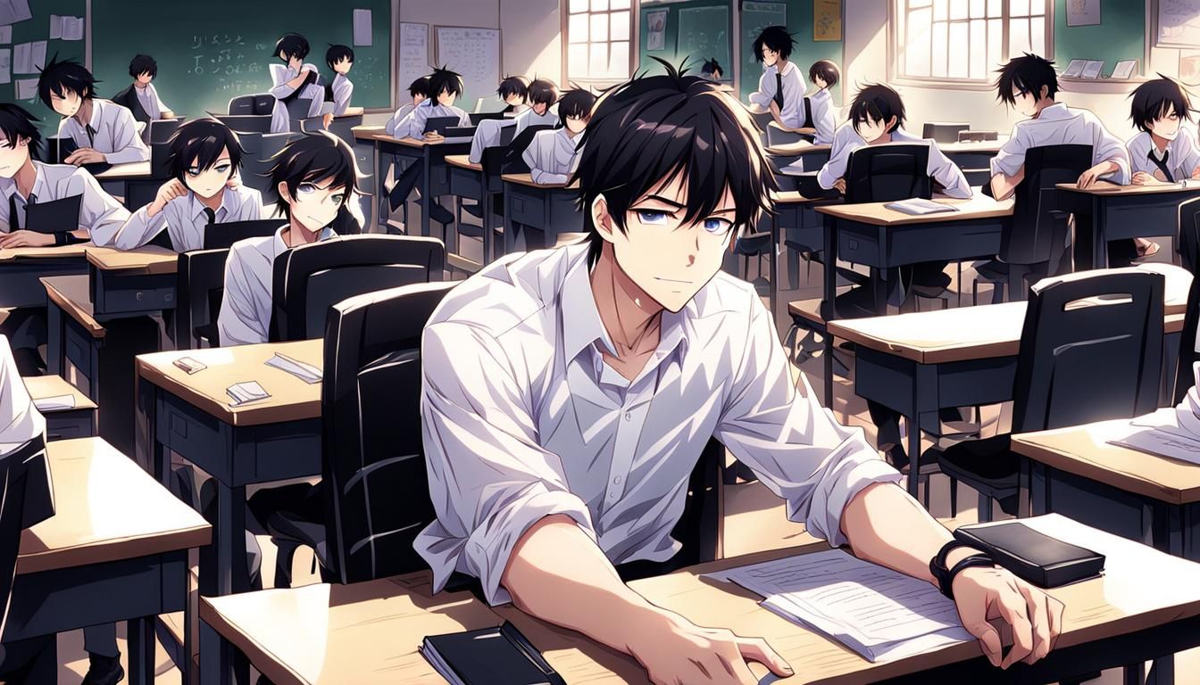 Handsome Anime-Style High School Boy Waking Up