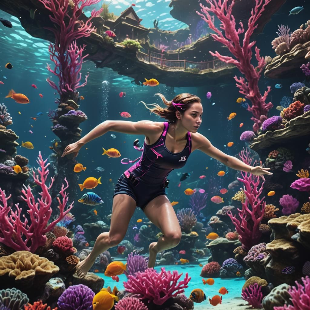 Woman Swimming in Aquarium with Cats, Digital Art