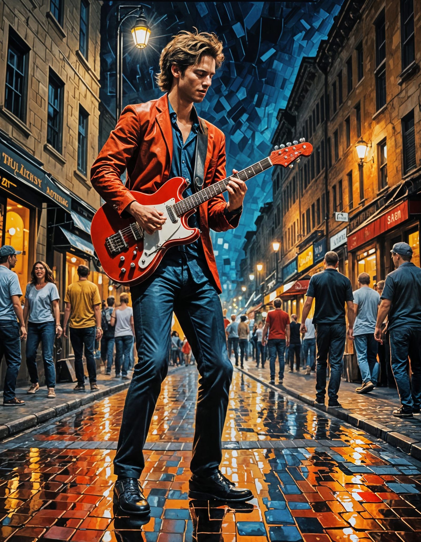 Boy Plays Electric Guitar on Cobblestone Street at Night