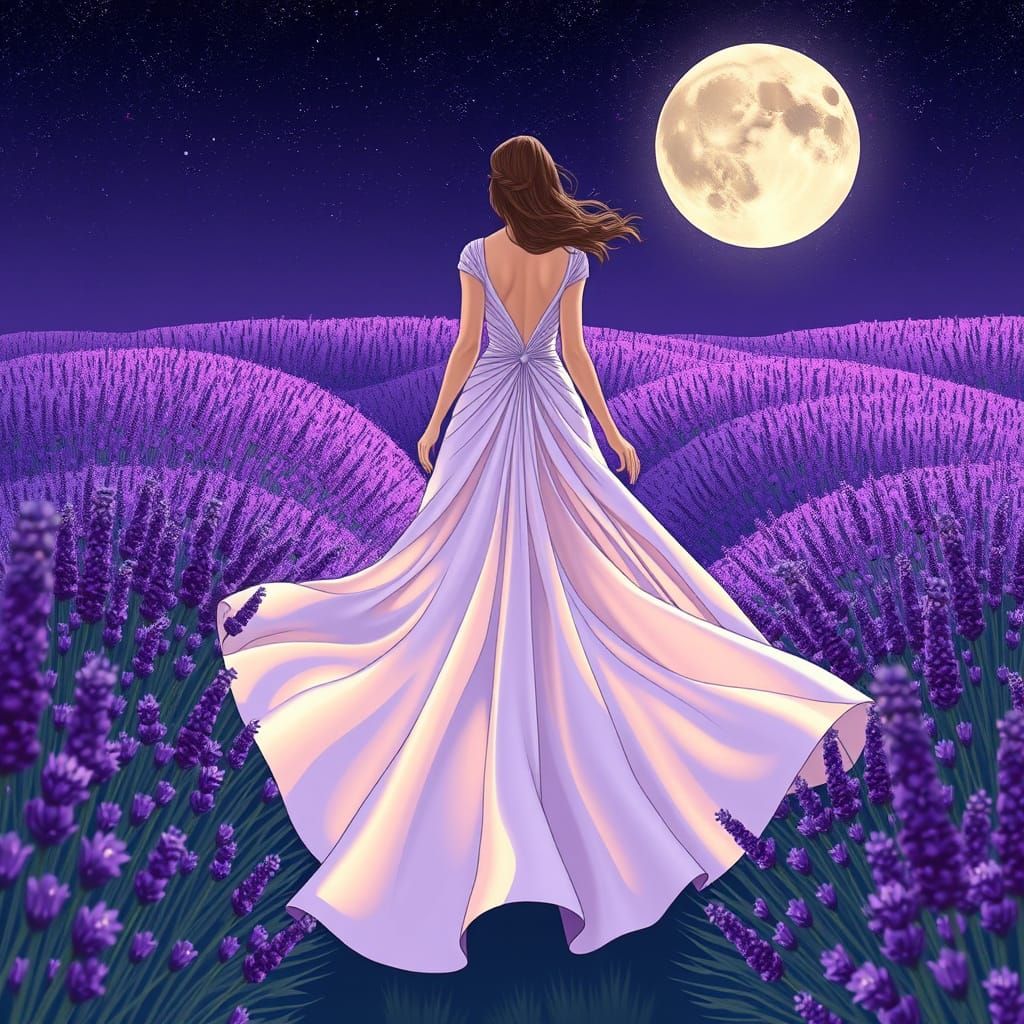 Ethereal Woman in Lavender Field with Shimmering Silks