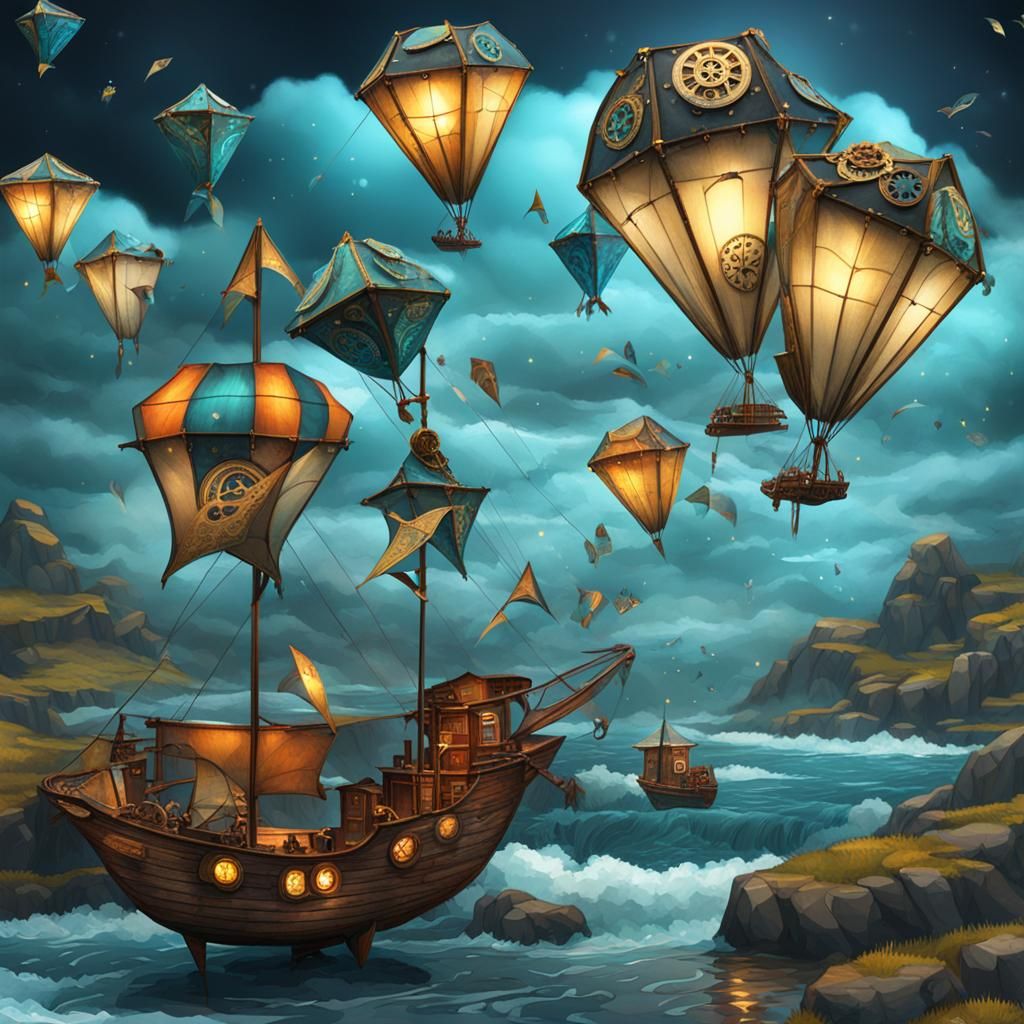 Steampunk Kites Adventure in Stormy Night, 3D Render