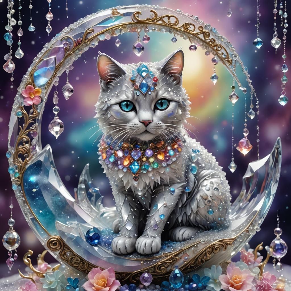 Crystal Cat on Moon in Ethereal Fantasy Art